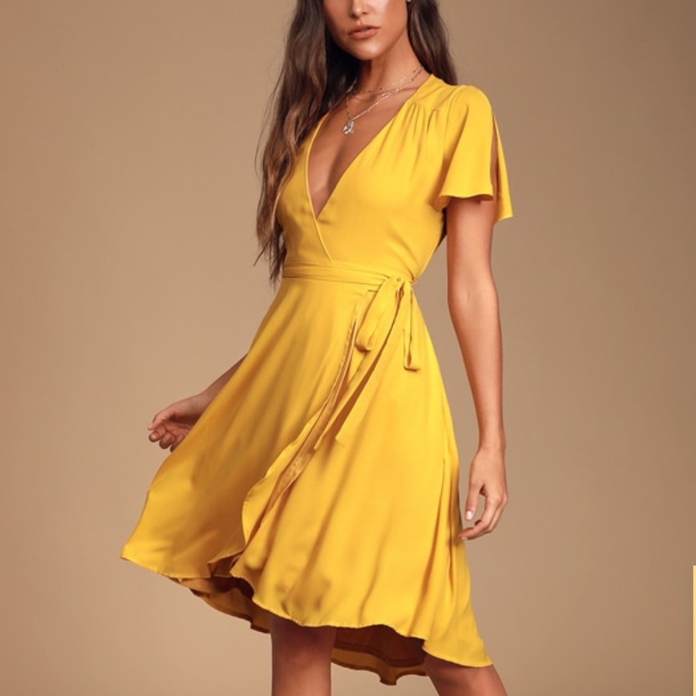 Lulus Yellow Midi Wrap dress